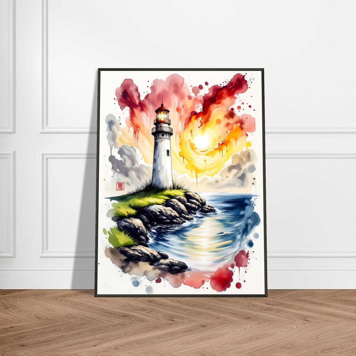 Lighthouse on Rocky Island at Sunset Watercolor Painting Art Poster
