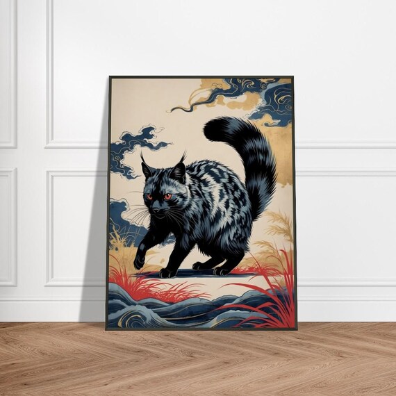 Enigmatic Black Cat with Red Eyes Ukiyo-e Style Japanese Art Poster