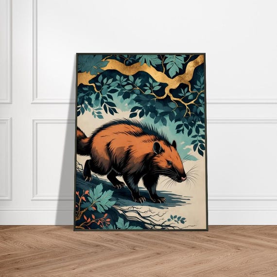 Golden Brown Coati In Lush Jungle Japaneseinspired Wildlife Art Vibrant Nature Illustration Exotic Animal Wall Decor