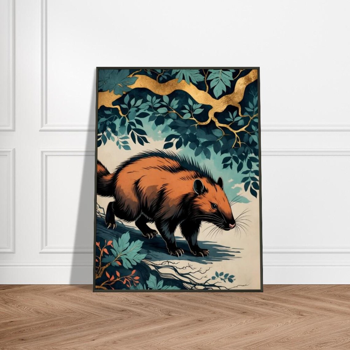 Golden Brown Coati in Lush Jungle Japanese Wildlife Art Poster