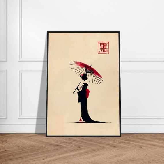 Geisha with Red Parasol Black Kimono Silhouette Japanese Art Poster