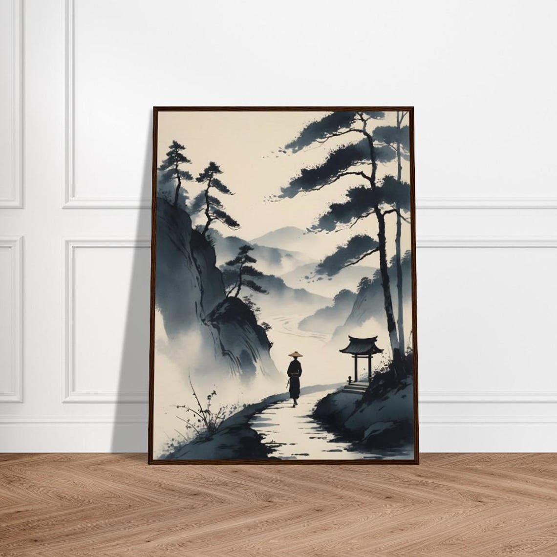 Tranquil Mountain Path Lone Wanderer Pine Trees Shrine Poster