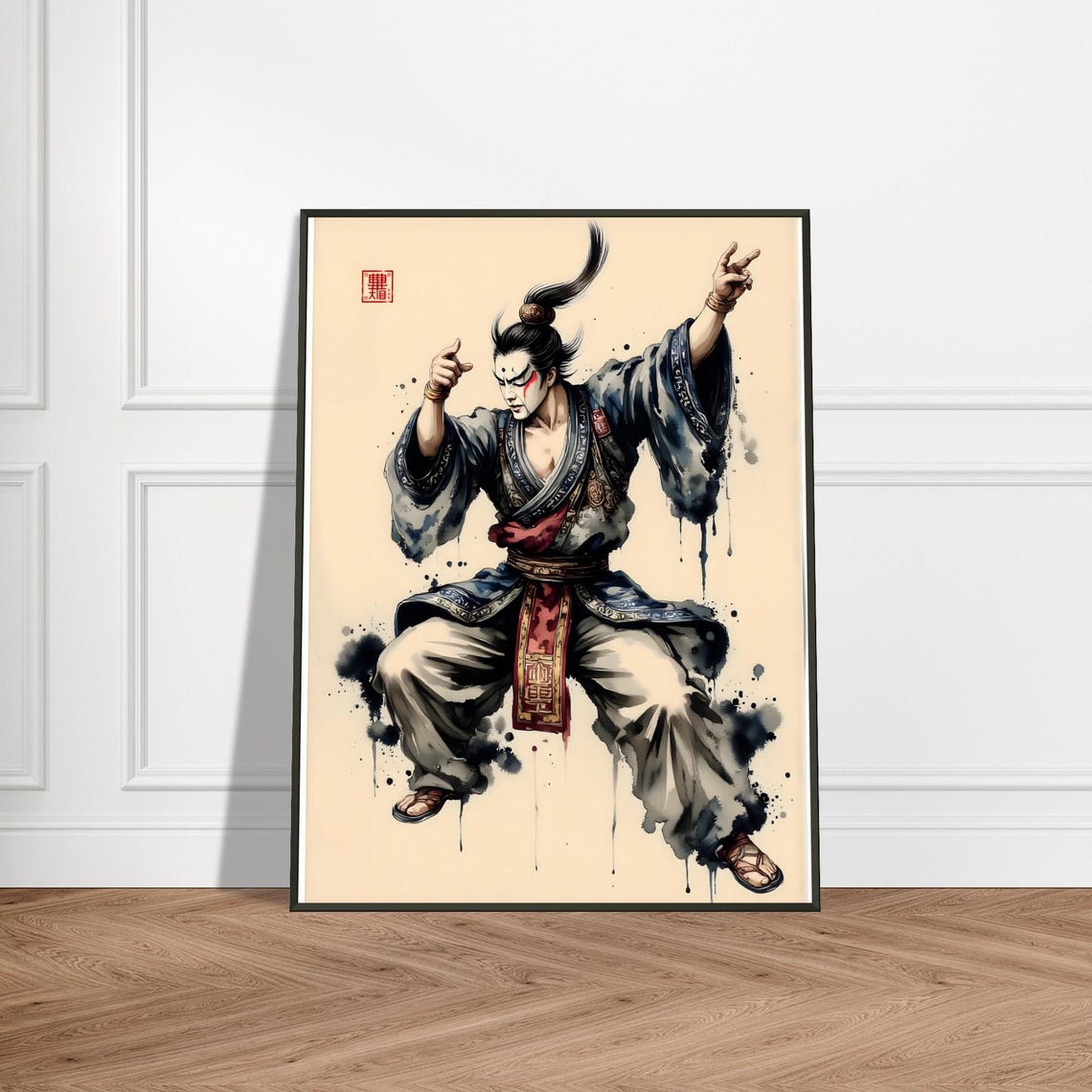 Kabuki Warrior in Dynamic Pose Ink and Watercolor Style Poster