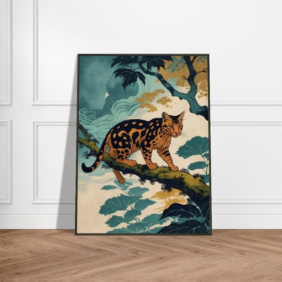 Bengal Cat In Japanese Forest Ukiyoe Style Art Print Wildlife Illustration With Golden Accents Mystical Nature Wall Decor