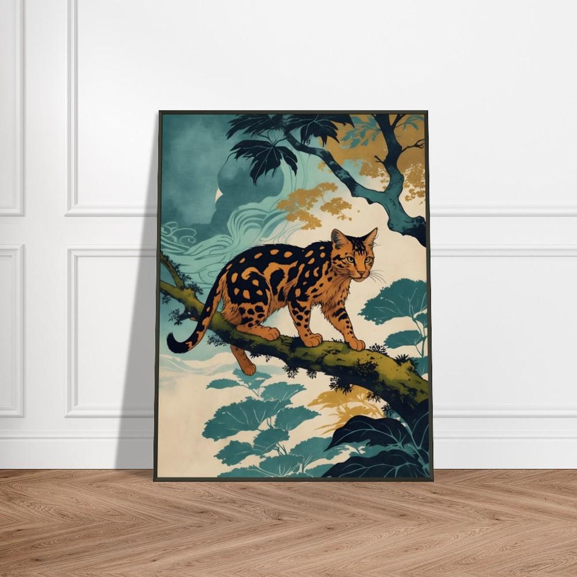 Bengal Cat Climbing Tree Branch Japanese Inspired Wildlife Poster