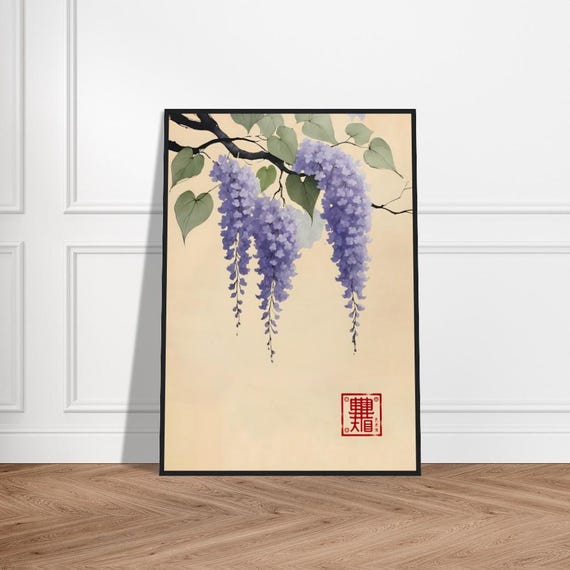 Japanese Wisteria Watercolor Art Purple Floral Print With Red Kanji Minimalist Botanical Wall Decor For Zen And Graceful Spaces