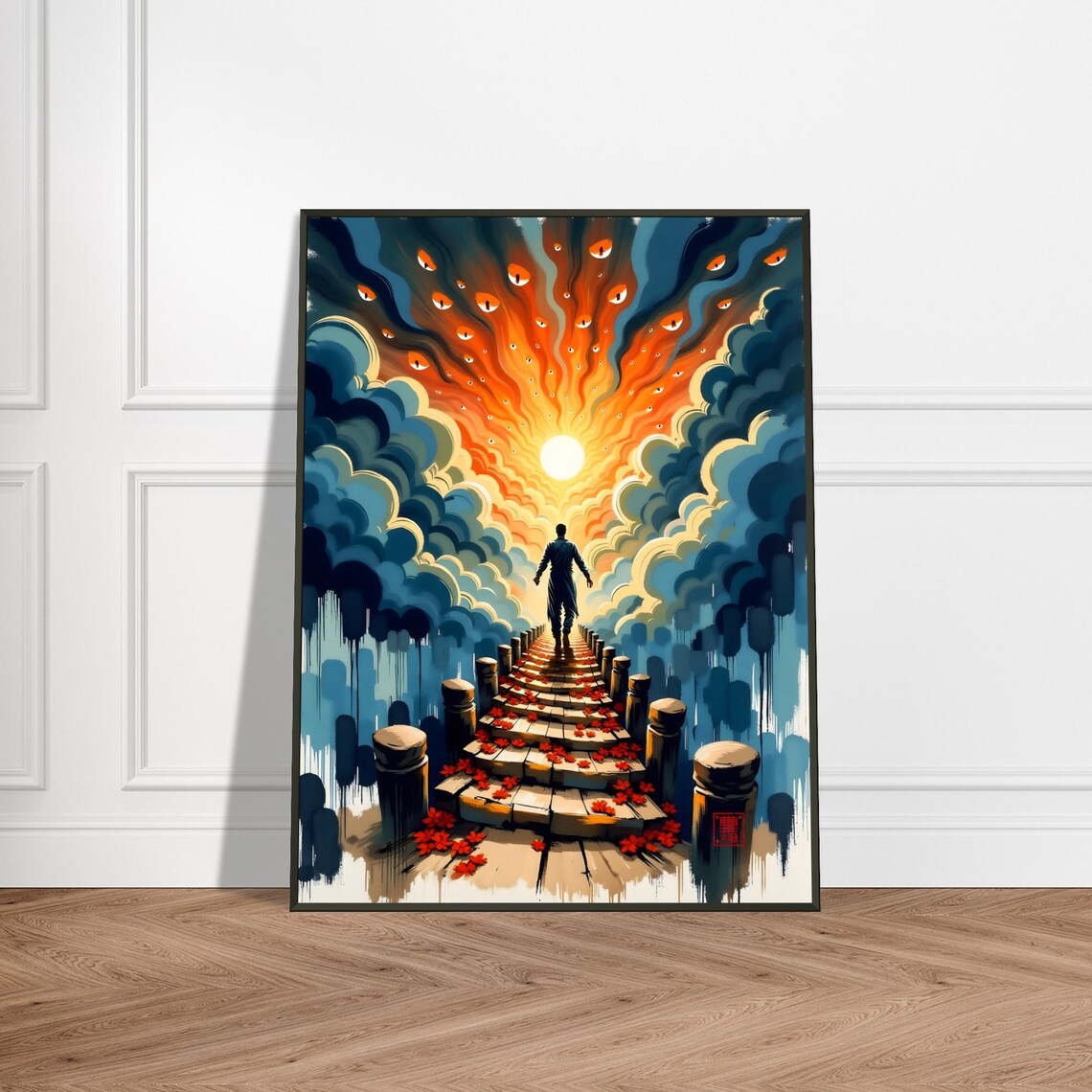 Man Climbing Stone Steps Toward the Sun Surreal Japanese Art Poster