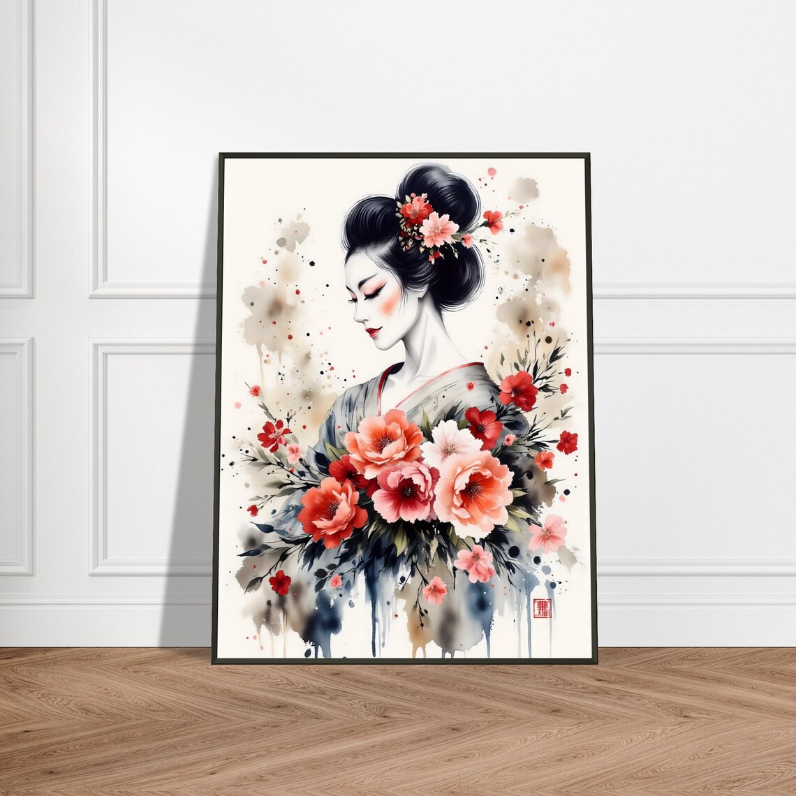 Japanese Geisha with Peonies Floral Kimono Watercolor Art Poster