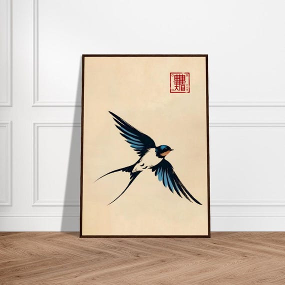 Japanese Swallow Bird Art Poster Minimalist Wall Decor Museumquality Matte Paper Framed Zen Print Nature Artwork