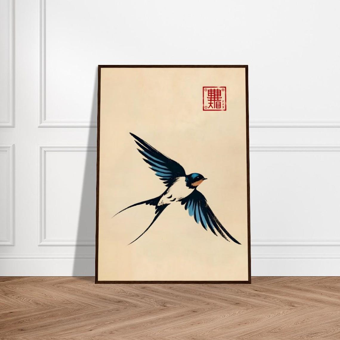 Swallow in Flight Japanese Sumi E Ink Bird Painting Artwork Poster