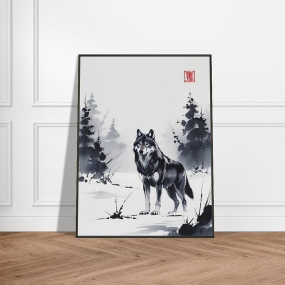 Winter Wolf Wall Art Japanese Ink Wash Painting With Snowy Forest Scene Metal Frame Elegant Wildlifeinspired Decor For Home Or Office
