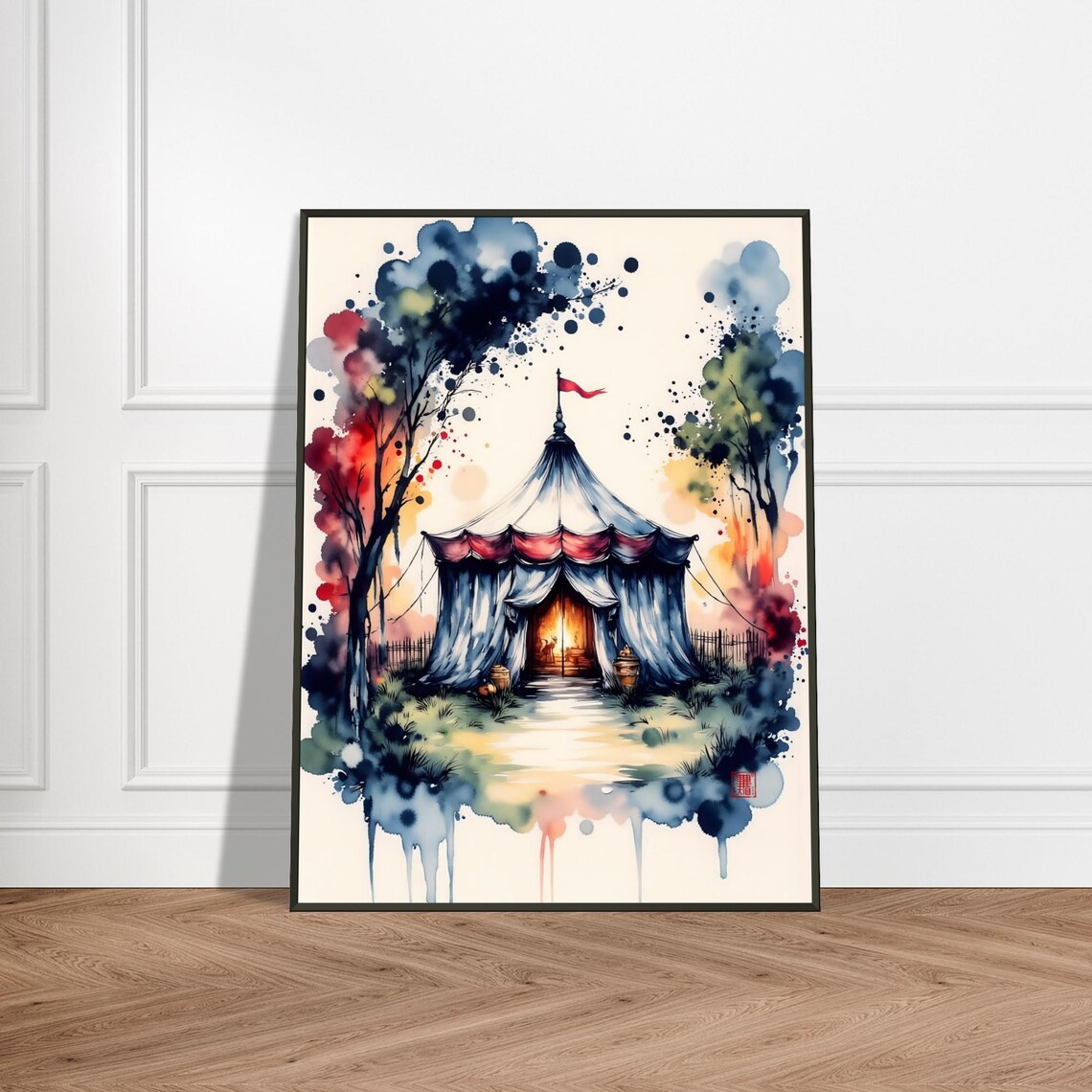 Circus Tent Glowing Entrance Colorful Trees Watercolor Art Poster
