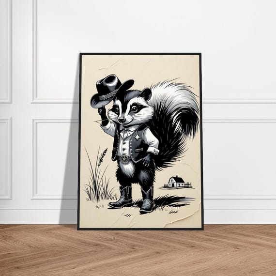 Cowboy Skunk Illustration Charming Western In Hat And Vest Farmyard Background Rustic Country Art For Decor Or Gifts