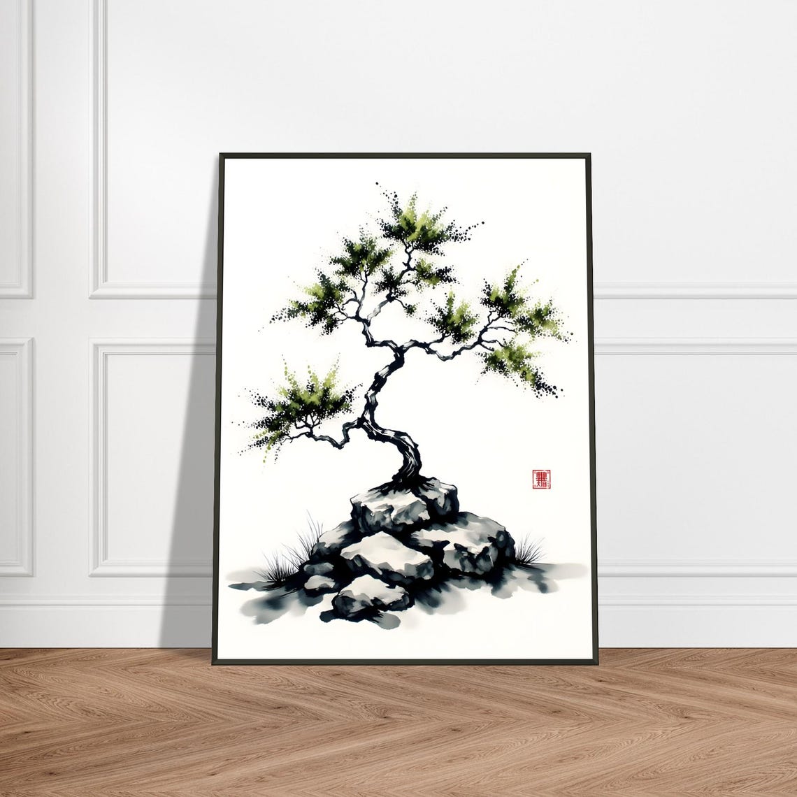 Young Bonsai Tree on Grey Stones Minimalist Ink Painting Poster