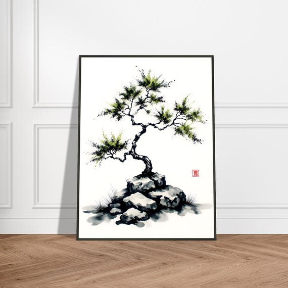 Bonsai Tree Ink Painting Japanese Sumie Style Wall Art Minimalist Zen Garden Print Rocky Landscape Nature Decor For Tranquil Spaces