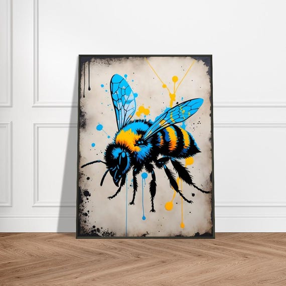 Vibrant Bee Art Print Japaneseinspired Ink Splash Design With Bold Blue Yellow And Black Accents Striking Natureinspired Wall Decor