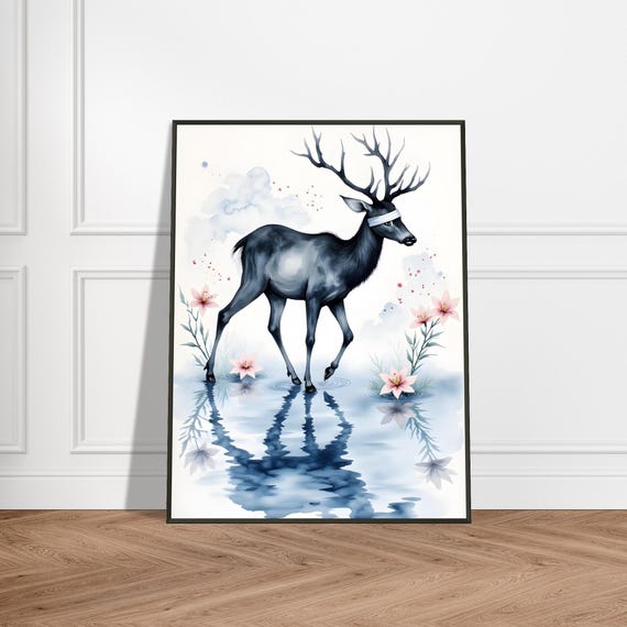 Serene Deer With Bandage In Water Metal Framed Japanese Fantasy Art Print Floral Reflection Spirit Animal Decor