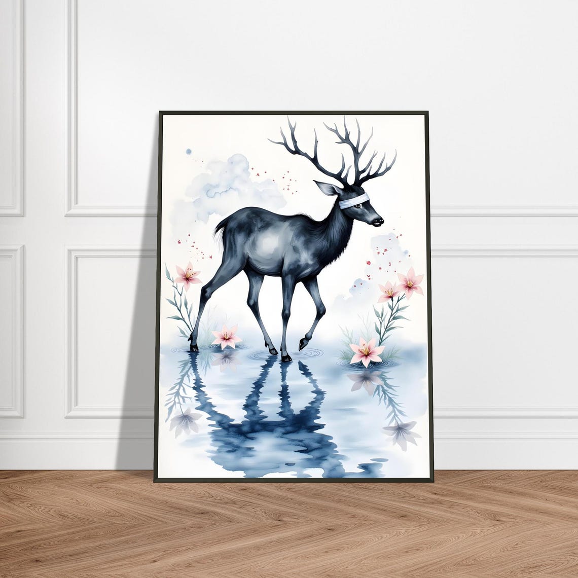 Serene Deer With Bandage Wading Through Reflective Water Poster