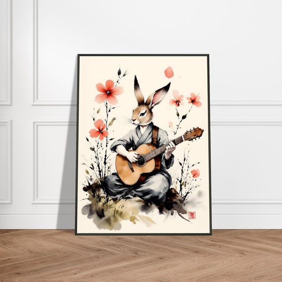 Samurai Rabbit Guitar Art Print Japanese Watercolor Animal Illustration Musical Zen Wall Decor Floral Fantasy Painting