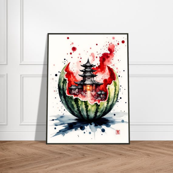 Watermelon Temple Art Print Japanese Watercolor Surreal Illustration Zen Fantasy Pagoda Wall Decor Whimsical Summer Artwork