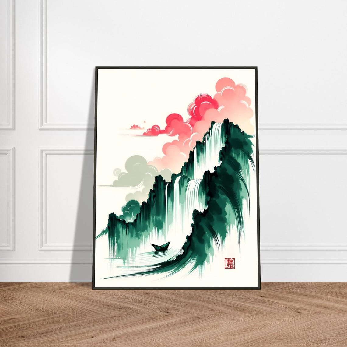 Emerald Waterfall Mountains With Red Clouds Asian Ink Poster