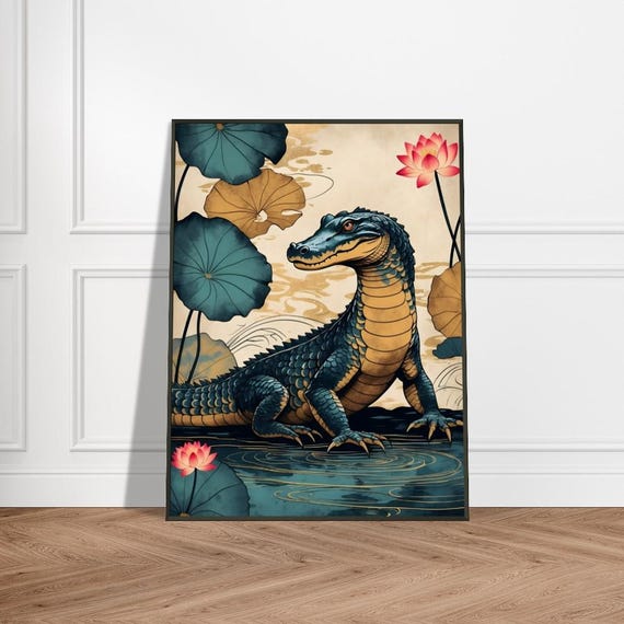 Serene Alligator Among Blossoms Japaneseinspired Wildlife Art Mystical Nature Illustration Exotic Animal Wall Decor