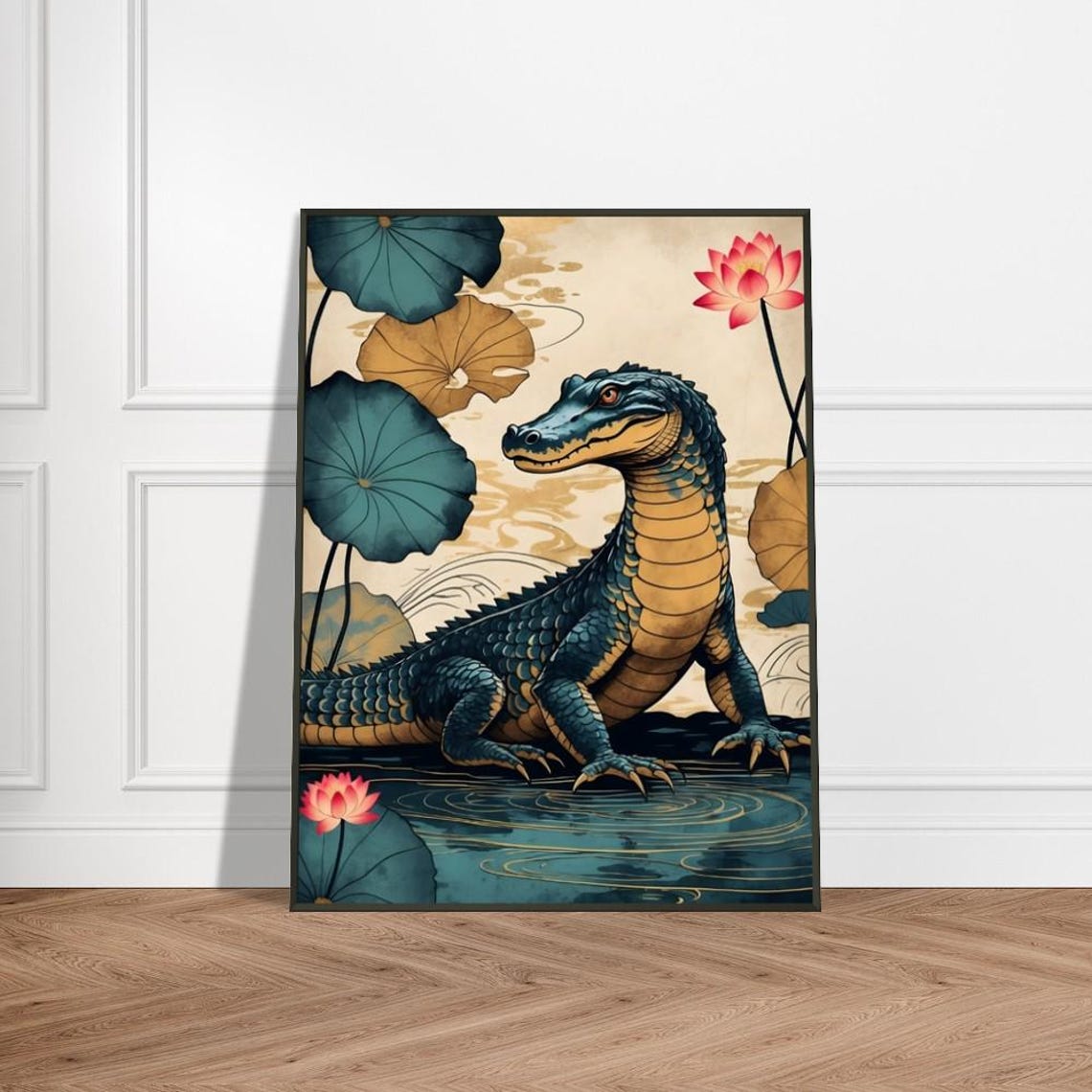Serene Alligator Resting Among Lotus Blossoms Japanese Poster