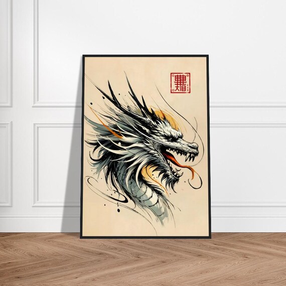 Japanese Dragon Art Poster Minimalist Wall Decor Museumquality Matte Paper Framed Zen Print Traditional Artwork
