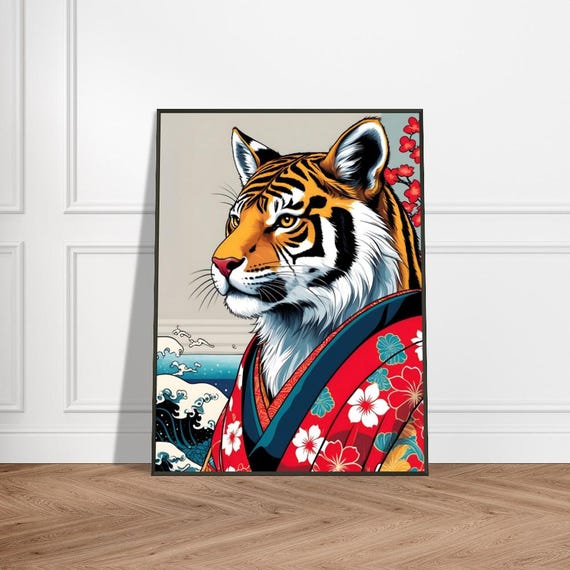 Regal Tiger In Kimono Japanese Ukiyoe Style Metal Framed Art Print Cherry Blossoms Ocean Waves Elegant Samurai