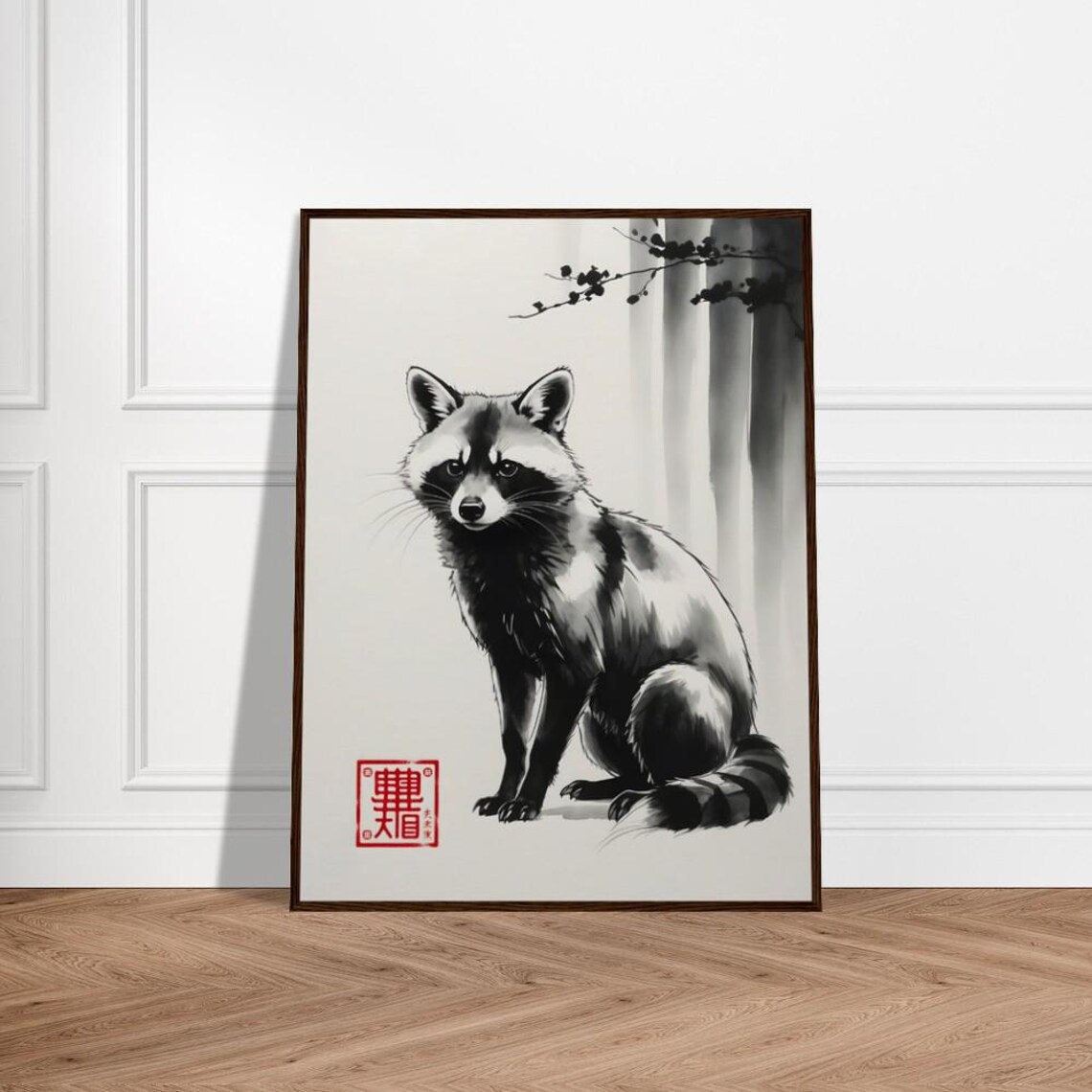 Stoic Raccoon In Forest Japanese Sumi E Monochrome Art Poster