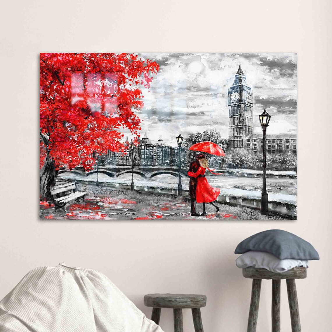 London Red Couple Umbrella Big Ben Black White Romantic Art Poster