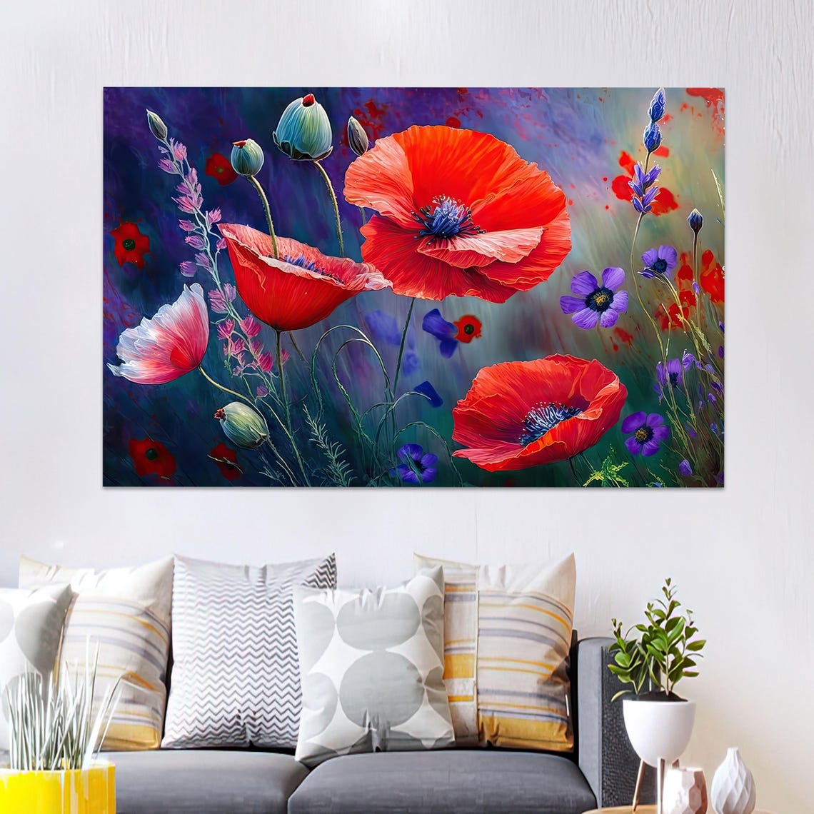 Red Poppies Lavender Flowers Vibrant Floral Oil Painting Poster