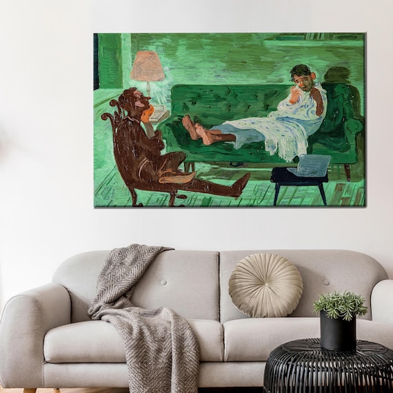 Two Friends Salman Toor Style Green Interior Painting Art Poster