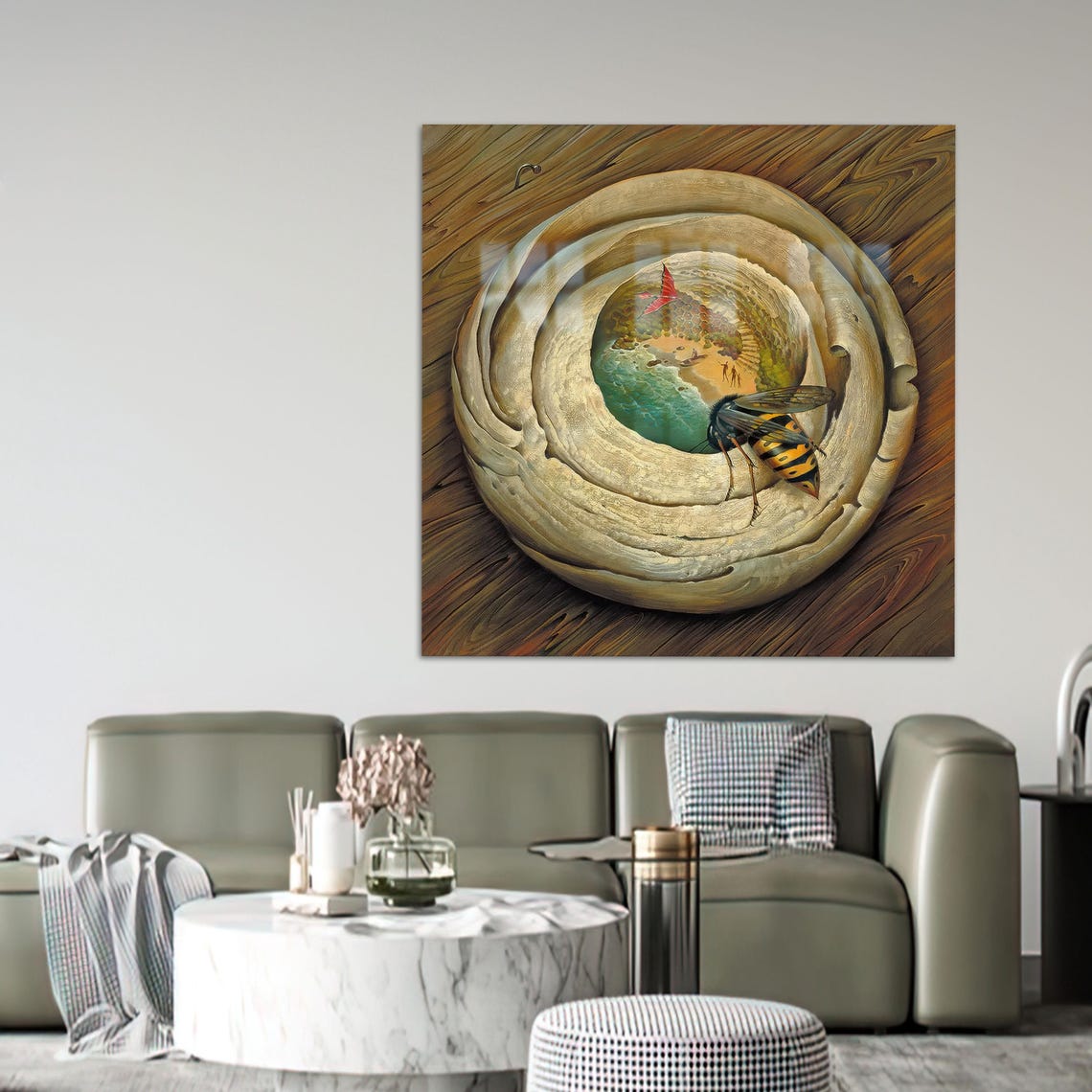 Surreal Wasp and Hidden Beach Cove Through Wooden Nest Poster