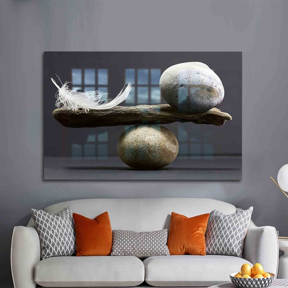 Glass Wall Decor Tempered Mural Art Balance Of Stone And Feather Abstract Printing