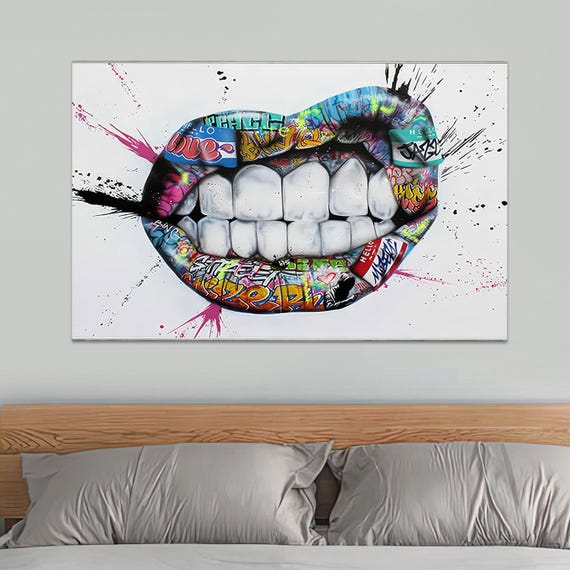 Modern Tempered Glass Teeth Art Decor Wall Prints Graffiti Abstract Mural