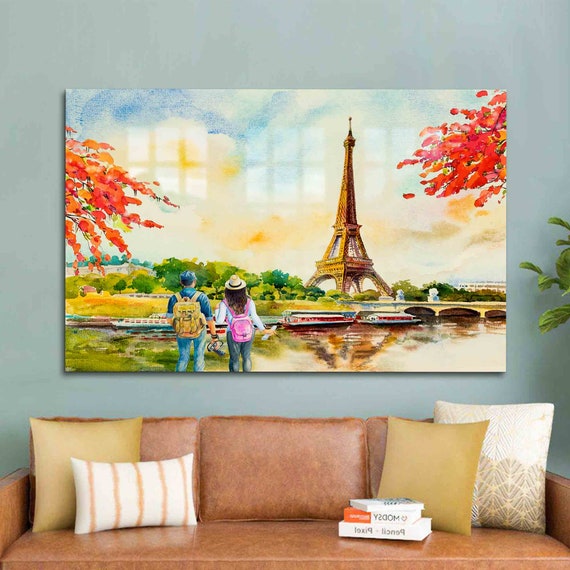 Glass Wall Decor Tempered Mural Art Lovers Watching The Eiffel View For Gift