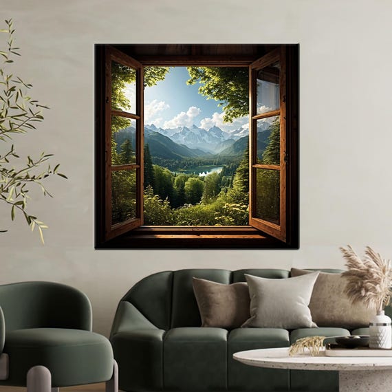 Window View Mountain Landscape Canvas Wall Art Forest And Lake Poster Print Nature Escape Scene For Rustic Cabin Or Cozy Home Decor