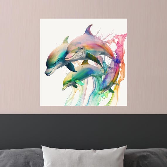 Dolphin Canvas Print Modern Wall Decor Animal Gift Bohemian Art Colorful Hanging Office