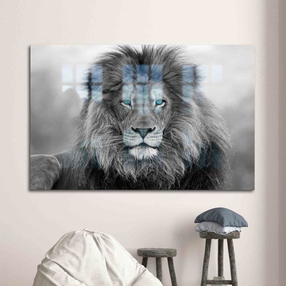 Glass Art Wall Decoration Blue Eyed Lion Decor Loft Wild