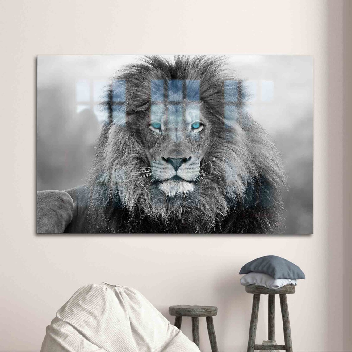 Blue Eyed Lion Black and White Wildlife Photography Wall Art