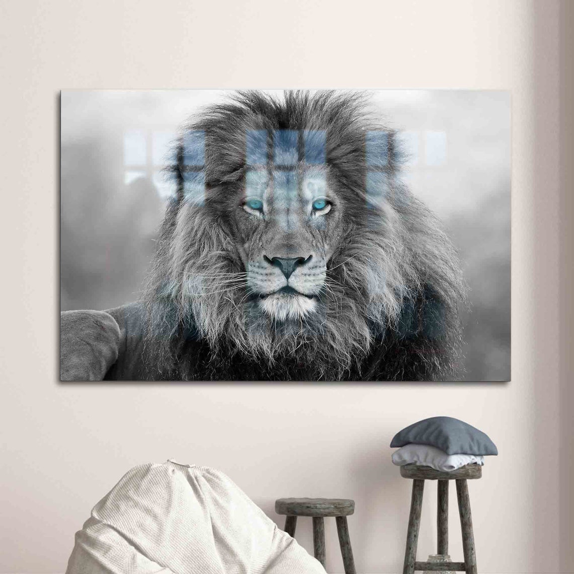 Glass Art Wall Decoration Blue Eyed Lion Decor Loft Wild