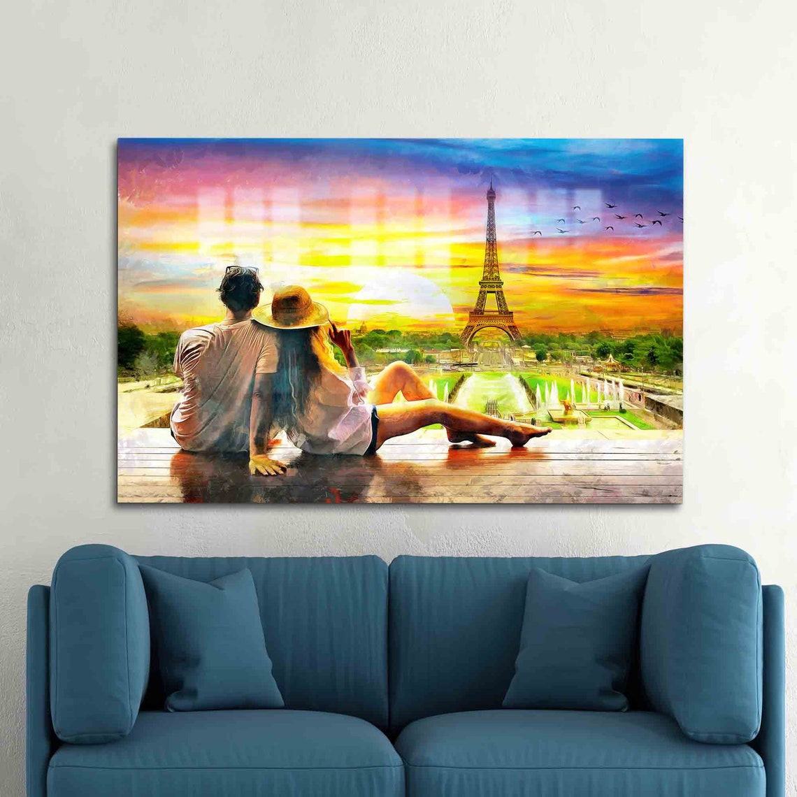 Romantic Paris Eiffel Tower Sunset Couple Painting Art Poster