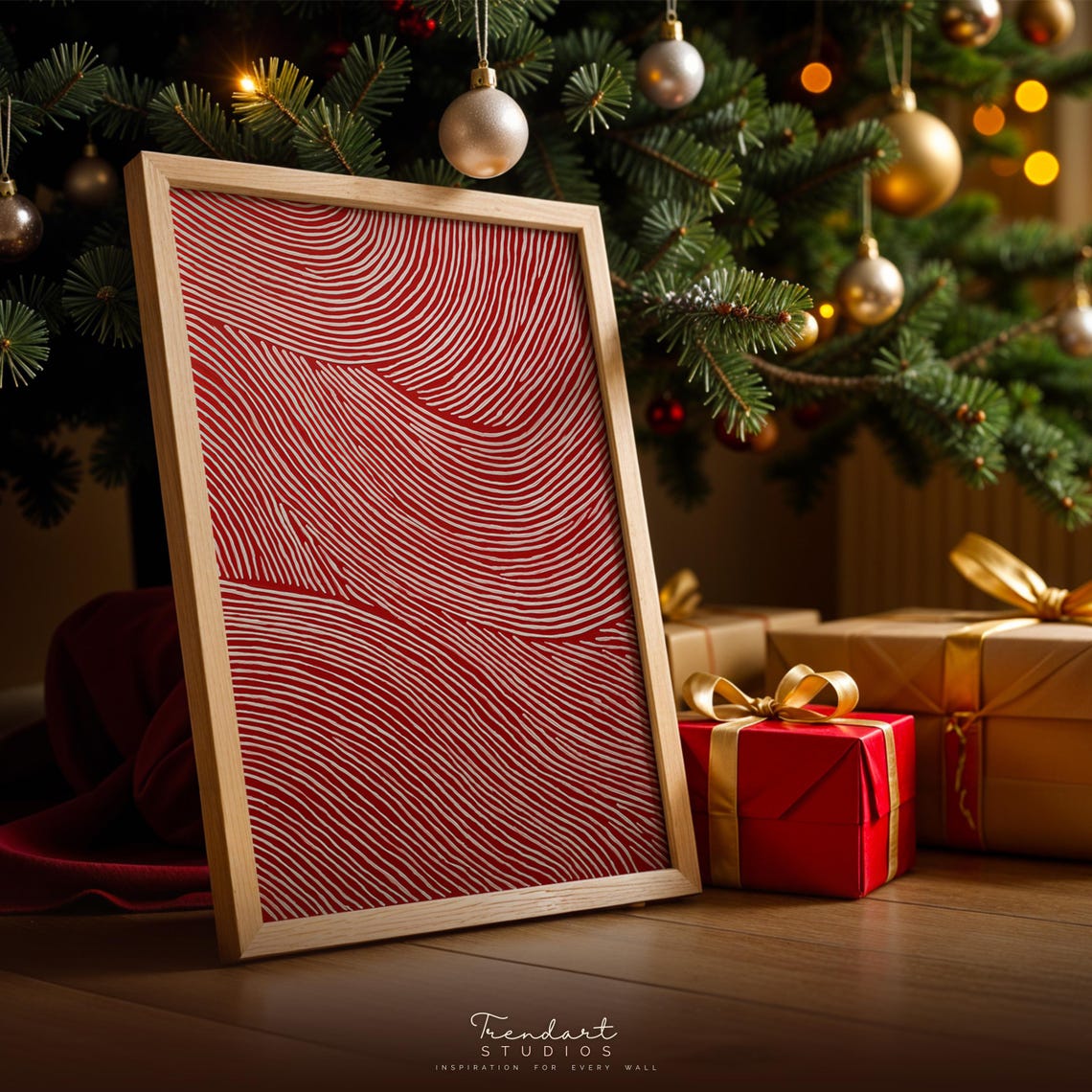 Red And White Wavy Line Minimalist Holiday Abstract Art Poster