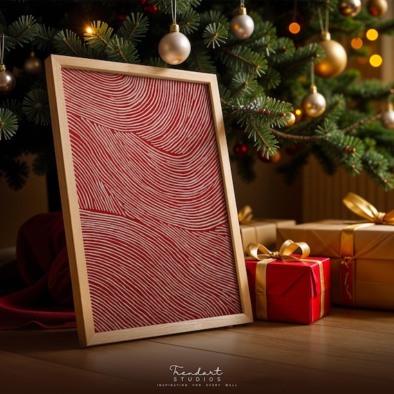 Red And White Wavy Line Minimalist Holiday Abstract Art Poster