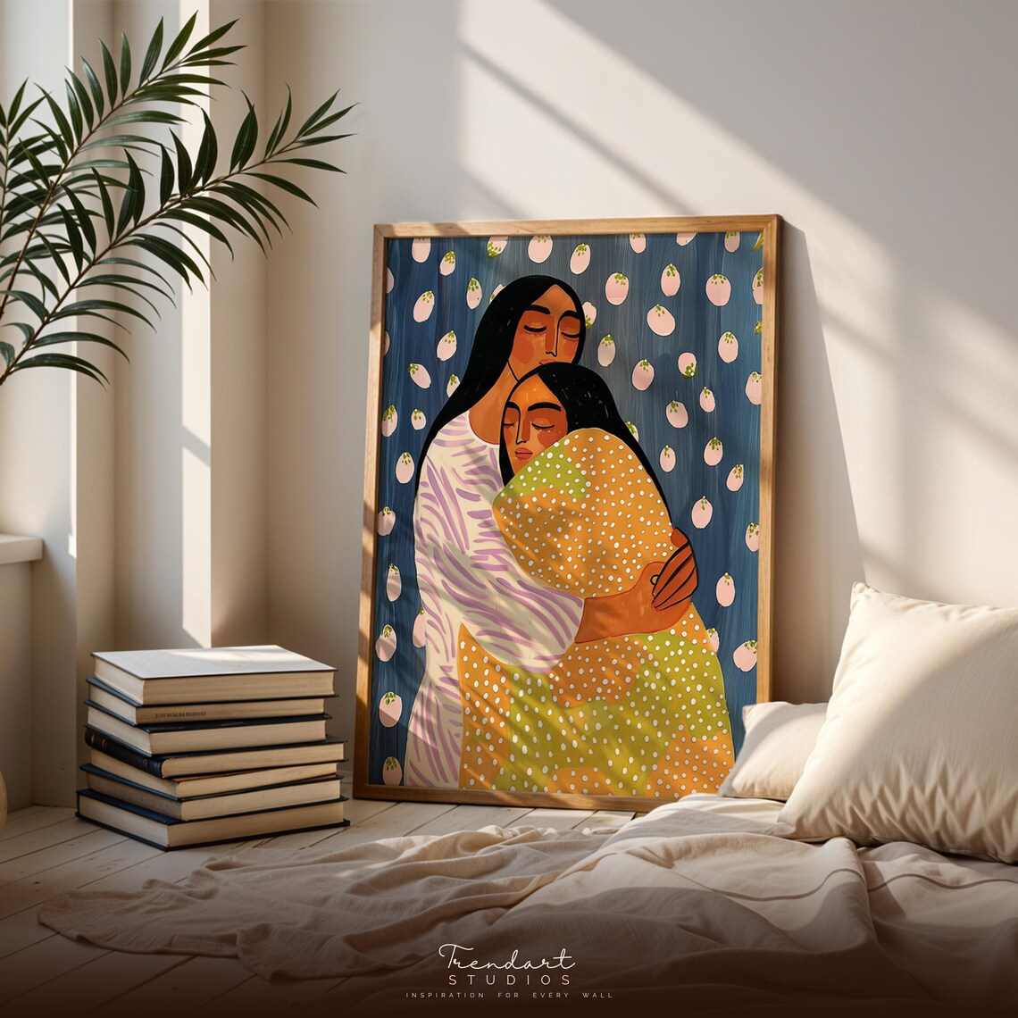 Mother Daughter Embrace Folk Art Warm Hug Love Painting Poster