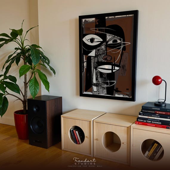 Abstract Wall Art Kunst Poster Expressive Picasso Inspired Print Bold Cubist Face Black Brown Da00065