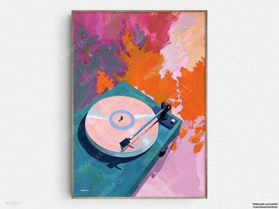 Colorful Record Player Pink Vinyl Floral Abstract Art Poster
