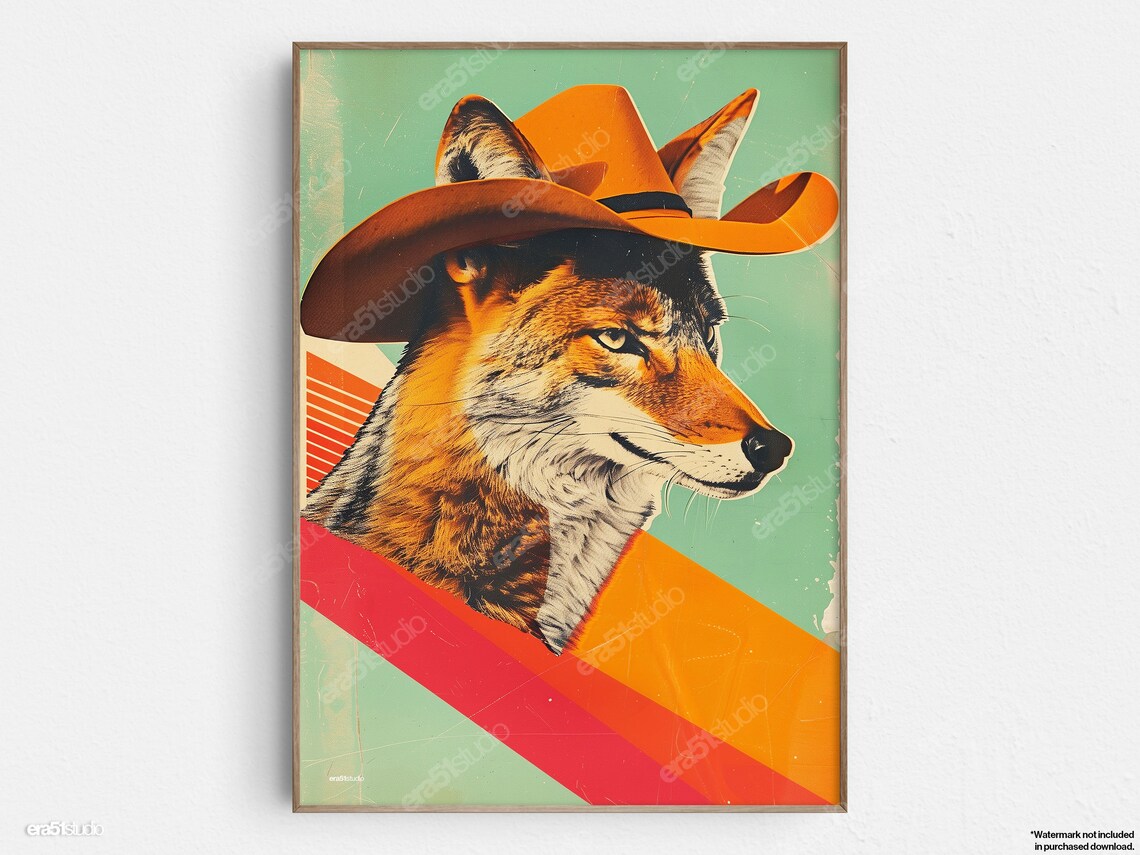 Coyote Fox Cowboy Mid-Century Modern Art Print