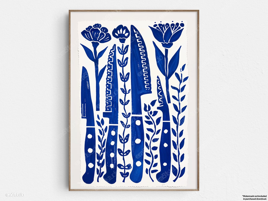 Blue Kitchen Knives Floral Block Style Poster For Kitchen Decor